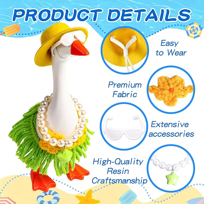 Desk Goose Key Holder 7 Inch Mini Figurine with 6 Set Summer Hawaiian Outfits,Summer Holiday Desktop Magnetic Small Proch Goose Resin Statue Set for Home Office Bedroom Office Table Decor