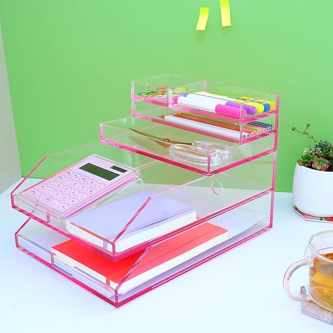 4-Piece Stackable Pink Acrylic Desk Organizer for Office or Home Desk Drawer Dividers, Makeup Vanity Storage Bins, Accessory Acrylic Tray/Half Accessory Tray/Small Tray
