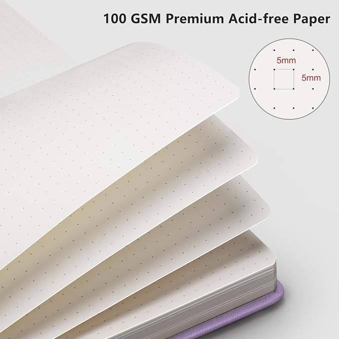 RETTACY Dotted Journal Notebook, 320 Numbered Pages, A5 Medium Size (5.7'' × 8.3''), Leather Hardcover, 100 GSM Thick Paper, for Journaling, Planning, Tracking (Purple)