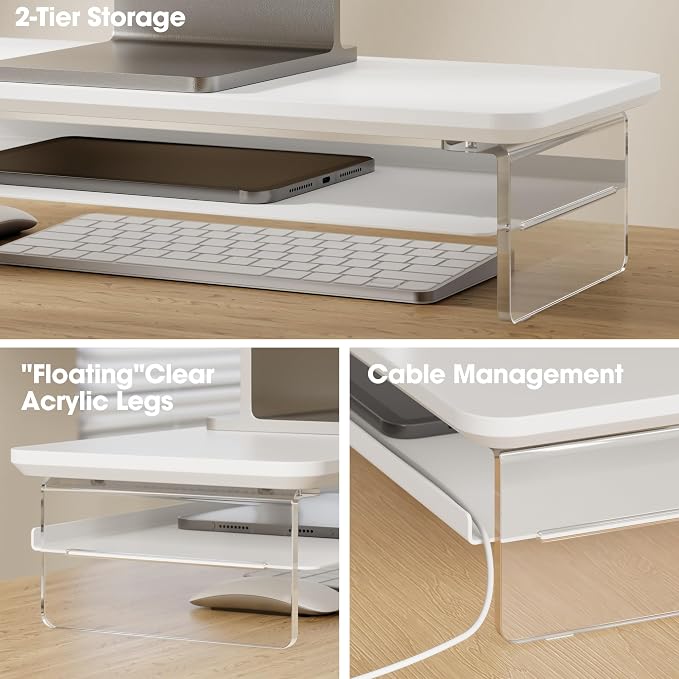 Fenge 23.6" Monitor Stand with Clear Acrylic Legs, White | Clear Acrylic, Storage Compartment, 2-tier Home Office Monitor Riser, Wide Large Desktop Shelf Fit Monitor/Laptop/Printer