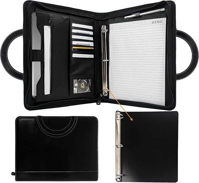 GraduatePro Zippered Portfolio Binder with Handles，Professional Faux Leather Padfolio with 3 Ring Binder (Removable), Storage Pouch for Tablet, Travel Documents for Men and Women.