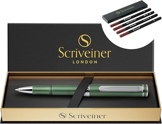 Scriveiner Green Rollerball EDC Luxury Pen, Chrome Finish, 4 Black Medium Refills