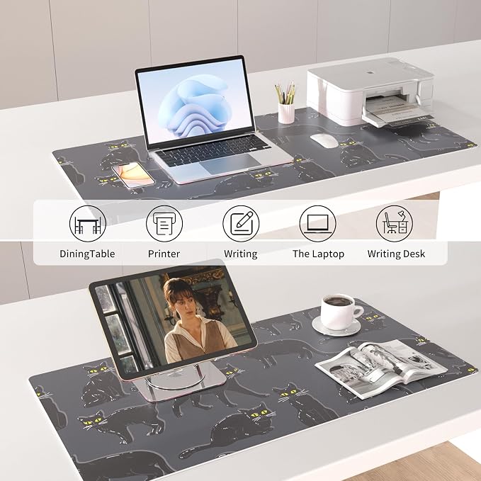 Colorful Star Black Large Mouse Pad, Cute Cat Waterproof Office Desk Mat, Non-Slip Gaming Mouse Pad, XXL PC Laptop Protector Pads, PU Leather Desk Writing Pads for Office Home, 31.5" x 15.7"