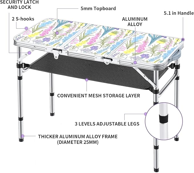 Yriuat Folding Camping Table 3ft Portable Picnic Table Adjustable Height Small Card Table Aluminum Foldable Lightweight with Carry Handle for Outdoor Indoor Hiking Camp BBQ Beach (Blooming Floral)