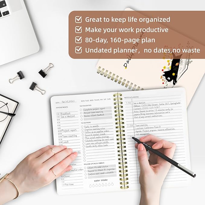 Stanoha Undated Daily Planner - Spiral Notebook 80 Days One Day Per Page, Hourly Schedule, To-Do List, Notes, Everyday Planning Task, A5 Hardcover Journal Organizer Book Women Cute Aesthetic, Cat