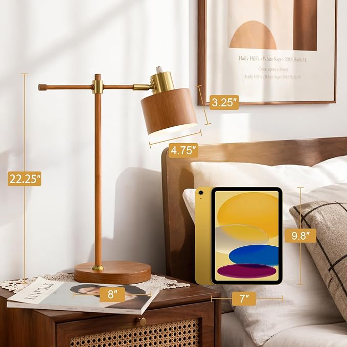 OYEARS 22.2" Mid Century Desk Lamp, Modern Metal Table Lamp with LED Bulb, Adjustable Reading Lamps, Industrial Task Lamp for Home Office, Farmhouse Bedside Lamps with Solid Base, Woodgrain