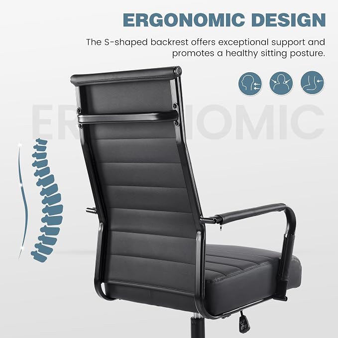 JOMEED Office Desk Chair,Conference Room Chair,High Back PU Leather Swivel | Modern Executive Ribbed Design, Ergonomic, Height Adjustable, Wheels and Arms, for Home Office(Black-Black Frame)