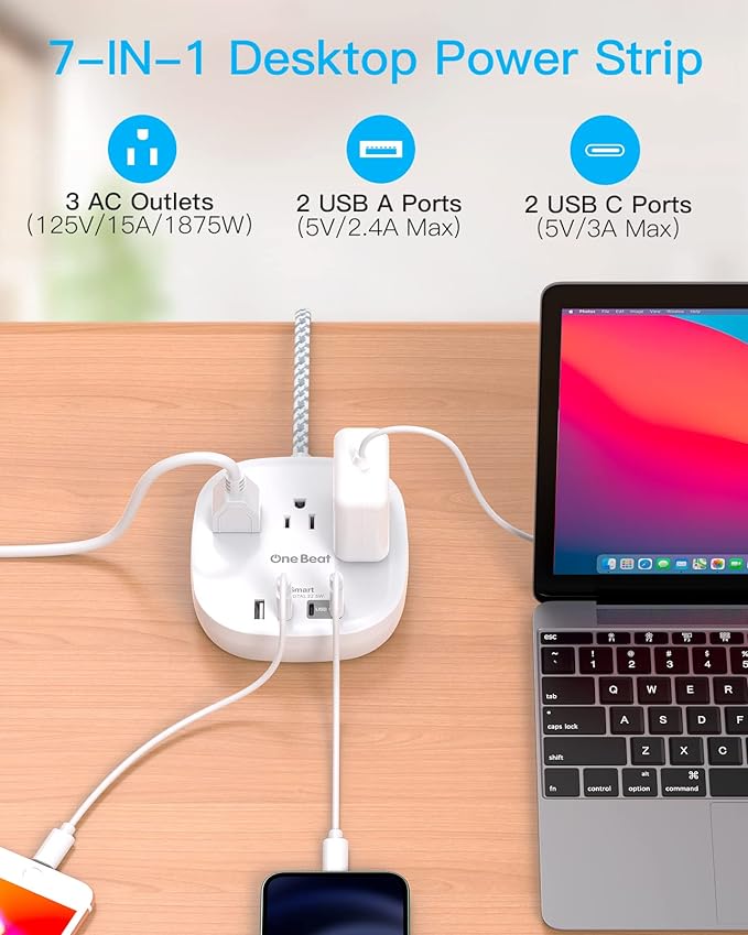Flat Plug Power Strip, Short Extension Cord 1 Ft - 3 Outlets 4 USB Ports (2 USB C) 22.5W/4.5A Desktop Charging Station, Power Strip No Surge Protection for Cruise Ship, Dorm Room Travel Essentials