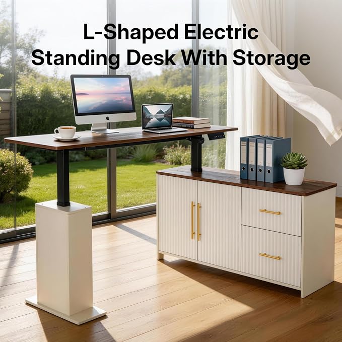 NORTHSKY 55" L Shaped Electric Standing Desk with Drawers and Storage Cabinet, Adjustable Height Corner Desk for Home Office, Brown Wood Grain and Distressed White Fluted Design