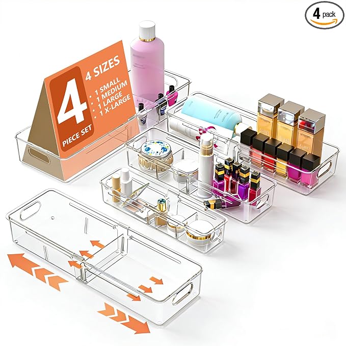 REBECAT 4 Pcs Expandable Clear Drawer Organizers, Adjustable Drawer Organizer Bins with Dividers, makeup organizer for drawer, drawer organizer bathroom for Vanity, Junk Drawer & Office
