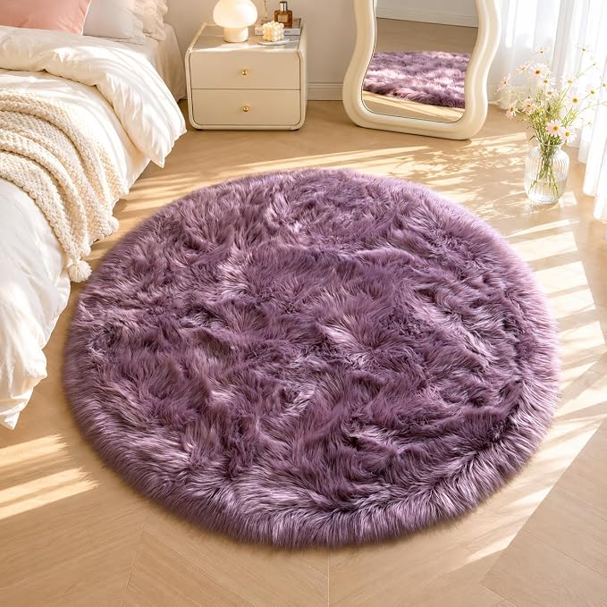 EasyJoy Faux Sheepskin Rug, Fluffy Faux Fur Rug, Ultra Soft Shag Area Rug with Non-Slip Backing for Bedroom, Living Room, Nursery, Kids Room(4 x 4 ft Round, Light Purple)
