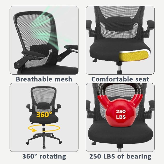BestOffice Office Chair Ergonomic Desk Chair Mesh Computer Chair Swivel Rolling Mid Back Task Chair with Lumbar Support Flip-up Arms Massage Adjustable Chair for Women Adults(Black)