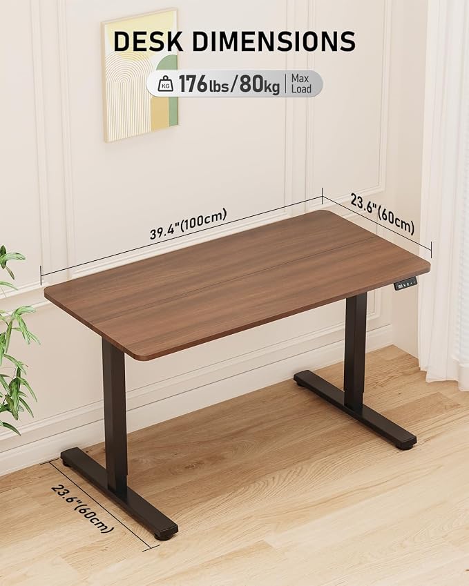 40" Electric Standing Desk Adjustable Height, Sit Stand up Desk for Home Office & Computer Workstation, 2 Memory Height Settings, Splice Board, 2 Hooks, Black Frame/Walnut Top