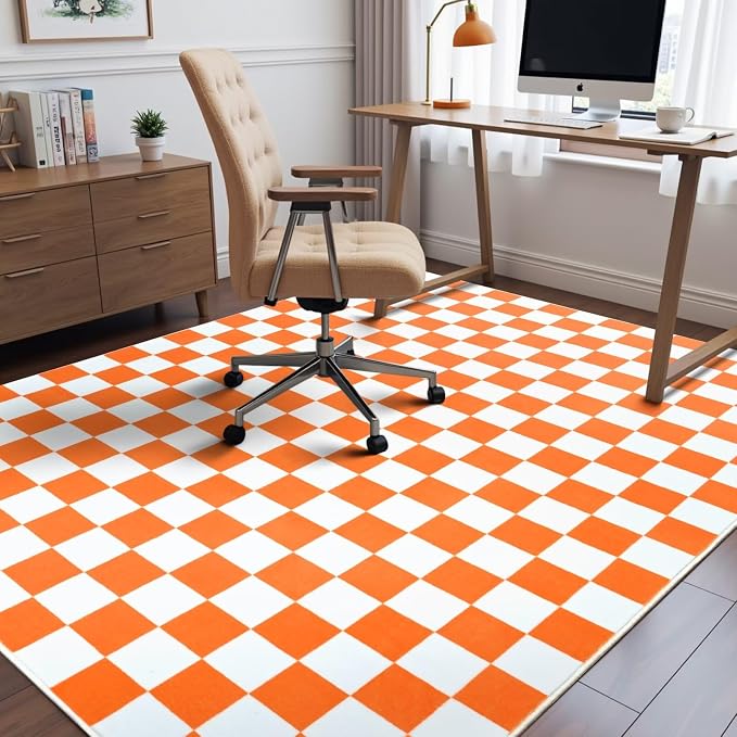 Terrug Orange and White Checkered Rug for Bedroom,4x6 Area Rugs Washable with Non Slip for Living Room,Soft Low Pile Stain Resistance Retro Carpet for Dorm Kids Room