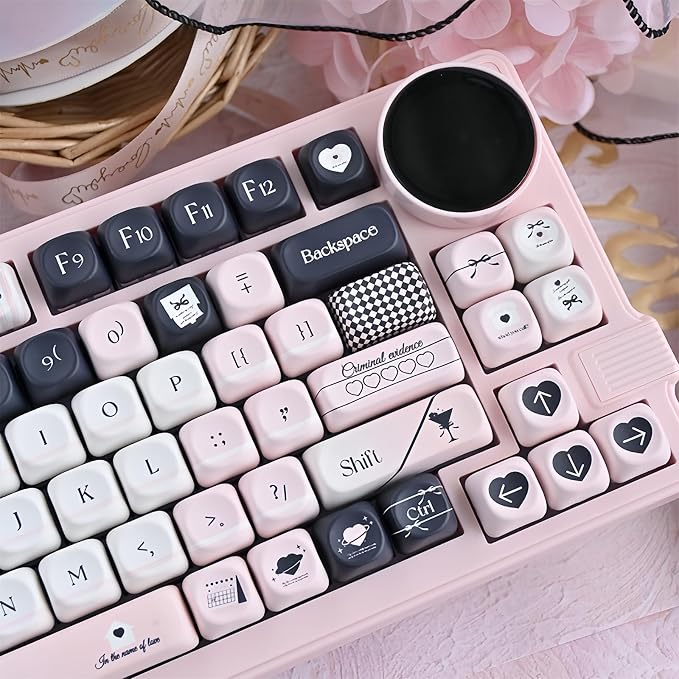 Pink and Black Keycaps,MOA Profile Cute Keycaps PBT Dye-Sub Kawaii Custom Full Size Keycap Set for Cherry MX Switch ANSI Layout 75% 60% Mechanical Gaming Keyboard DIY Creamy Key Cap (126Keys)