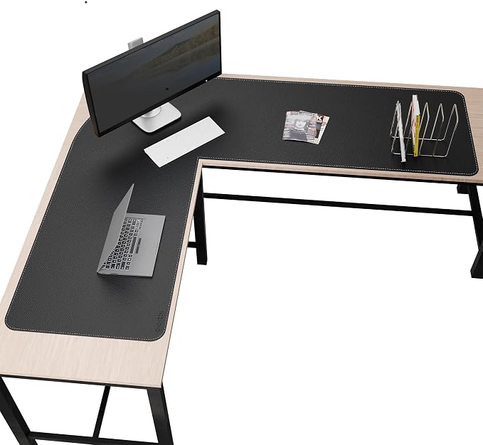 Chihein Leather Desk Mat L Shaped 61” x 72.8” x 23.6” - Big Gaming Corner Desk Pad, Non-Slip Waterproof Surface, Easy to Clean, Perfect for Office, Home (Black)