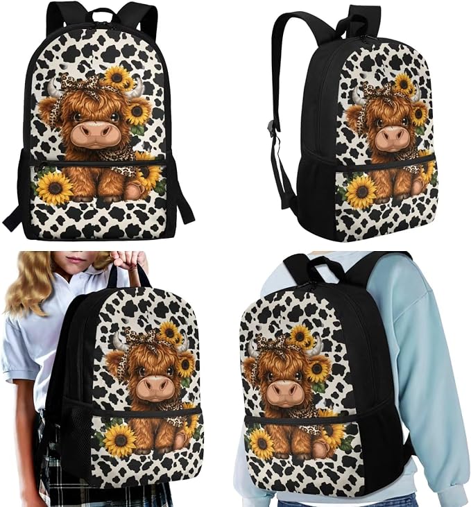 WELLFLYHOM Girls Highland Cow Elementary Backpack 4 Pcs Cow Print Book Bag | Kids Sunflower School Bag with Lunch Box Pencil Pouch Water Bottle Sleeve Daypack Set for School Sport Travel