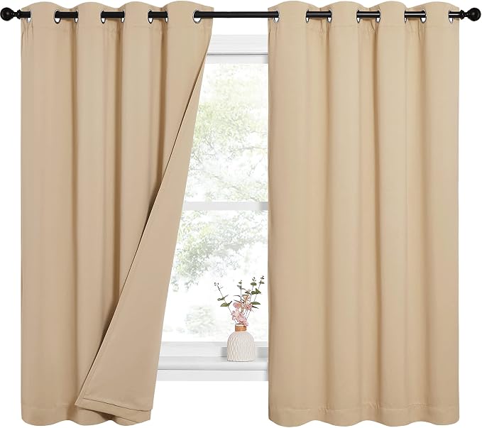 NICETOWN Bedroom Full Blackout Curtain Panels, Super Thick Insulated Window Covers, Complete Blackout Draperies with Noise Absorb Liner for Short Window(Biscotti Beige, Set of 2, 52 by 63-inch)