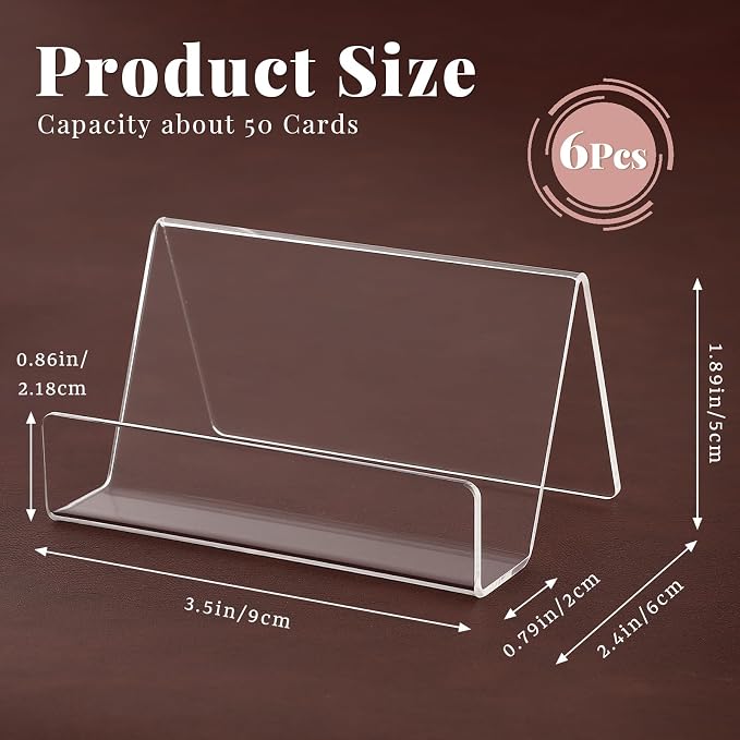 6 Pcs Acrylic Business Card Holder for Desk, Desktop Business Card Stand, Clear Name Cards Display Holder for Exhibition Accessories Home Office, Capacity: 50 Cards