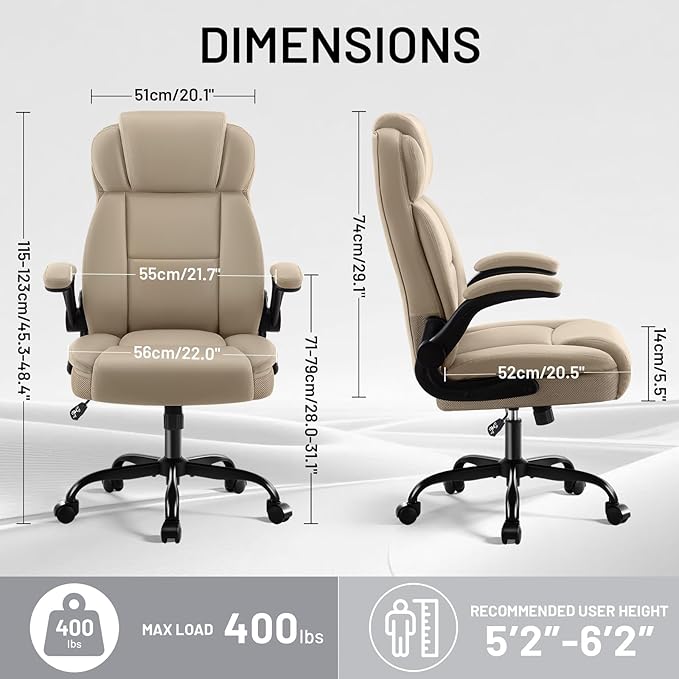 AreShark Ergonomic Office Chair with High Back Headrest,PU Leather Executive Desk Chair Padded Flip-Up Armrests,Lumbar Support,Swivel Computer Chair for Home Office & Gaming, Khaki