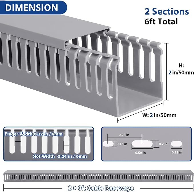 ZhiYo 2"H x 2"W Cable Raceway, 6ft Under Desk Wire Management Channel, Grey | Slotted Wire Duct, 2 Pack (3 ft Each), Heavy-Duty PVC Cable Management for Server Racks, Network Cables & Electrical Cabinets