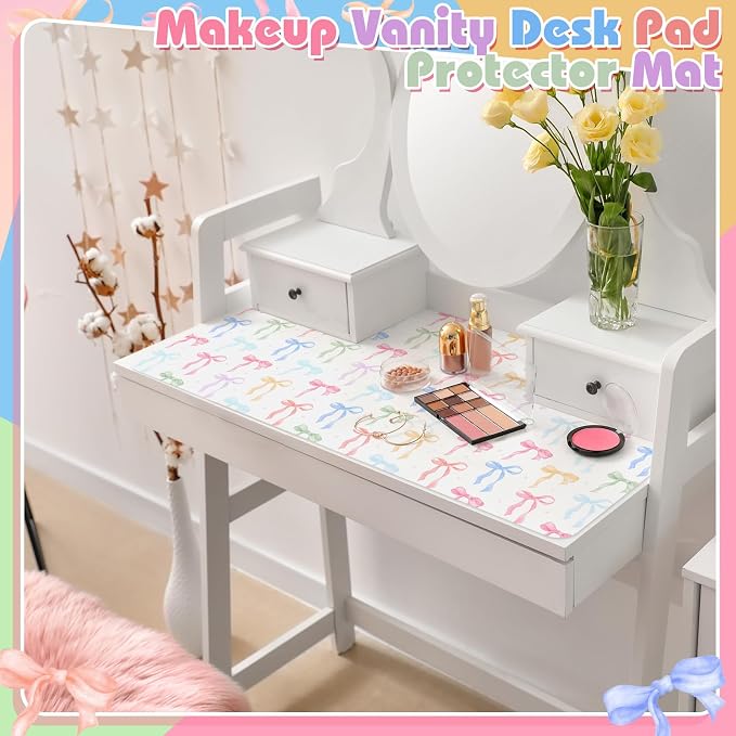Teenyyou Coquette Bow Makeup Mat for Vanity Top Protector Back to School Gift 31.5" X15.7" Dual Side Leather Desk Mouse Pad Girly Waterproof Nonstick Dressing Vanity Cover for Women Home Office