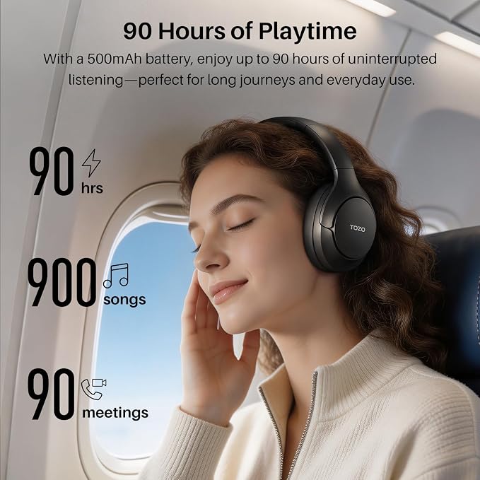 TOZO HT3 Hybrid Noise Cancelling Headphones, 90H Battery Life Wireless Over Ear Bluetooth 6.0 Foldable Headset, AI Voice Assistant with 5 Mics, Connect 2 Devices and Hi-Res Sound, 32 EQ Audio Presets