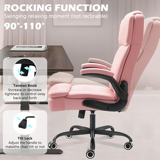 450 LBS Big and Tall Executive Office Chair with Flip up Arm, Heavy Duty Leather Computer Desk Chair,Comfortable High Back Swivel Home Office Chair with Rolling for Adults (Pink)