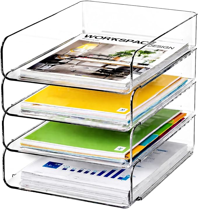 DCA 4 Tier Clear Desk Organizer, Stackable Paper Tray, Desktop File Sorter | Letter & A4 Compatible | Space-saving | Office, Home & School