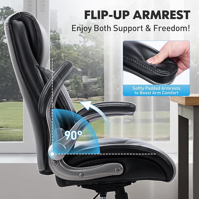 MALOL Ergonomic High-Back Executive Office Chairs, Heavy Duty Home Computer Chair with Lumbar Support, Flip-Up Arms, and PU Leather Upholstery, Black