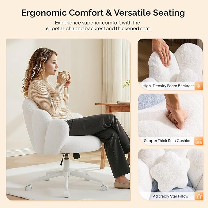 VINGLI Lovely Petal Vanity Desk Chair with Star Pillow, Height Adjustable Armless Swivel Chair in Vibrant Color-Blocking, Modern Computer Task Chair for Bedroom & Home Office, Teddy Fleece,White