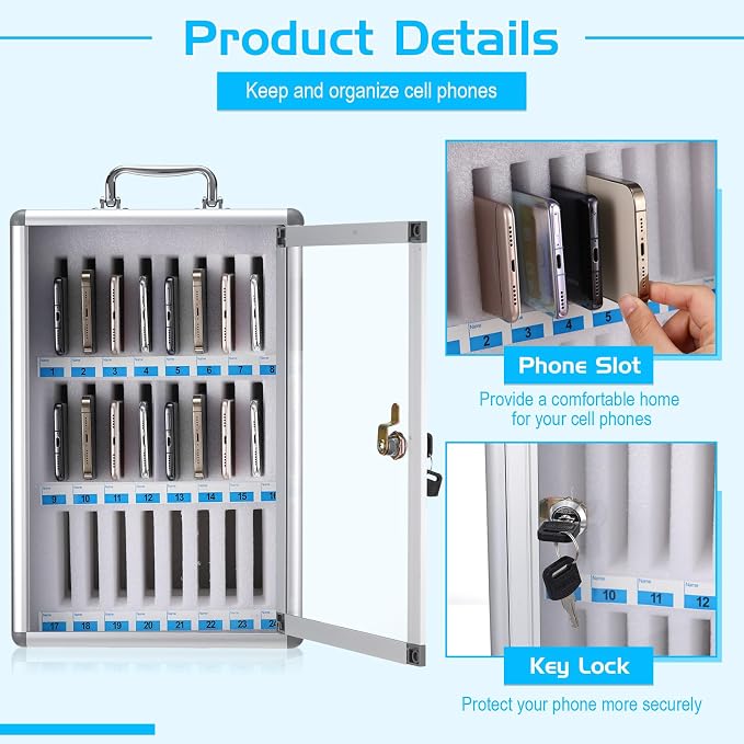 Amylove Cell Phone Locker Cabinet Aluminum Alloy Pocket Chart Storage Locker Box Cabinet Wall-Mounted Cell Phones Storage Box with Handle for Office Classroom Gym(White,24 Slots)