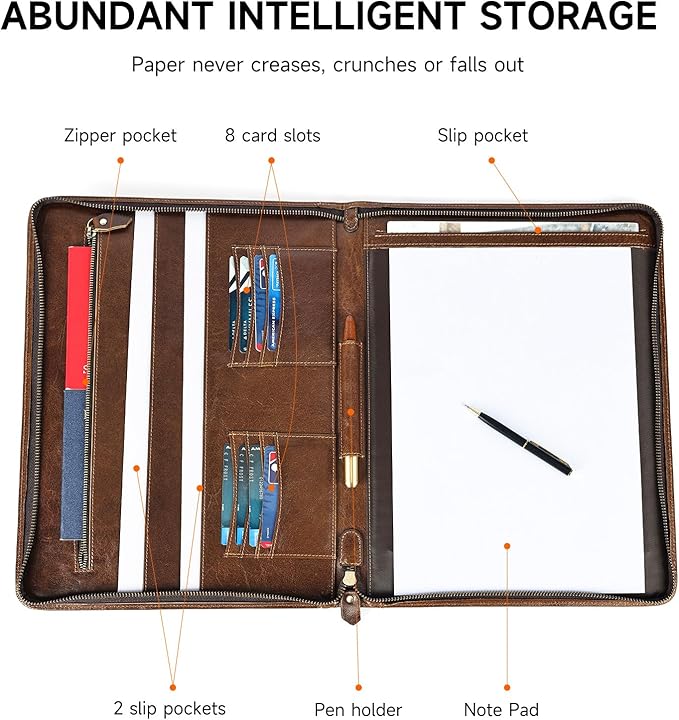 Genuine Leather Portfolio Men Women Zipper Business Resume Padfolio Binder A4 Meeting Folder Organizer 13 inch brown coffee
