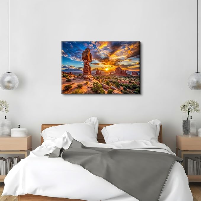 Large Desert Mountain Wall Art for Bedroom Nature Sunset Wall Decor Moab Utah Arches National Parks Picture Canvas Prints Western Art Balanced Rock Landscape Painting Artwork Bedroom Decoration 32x48"