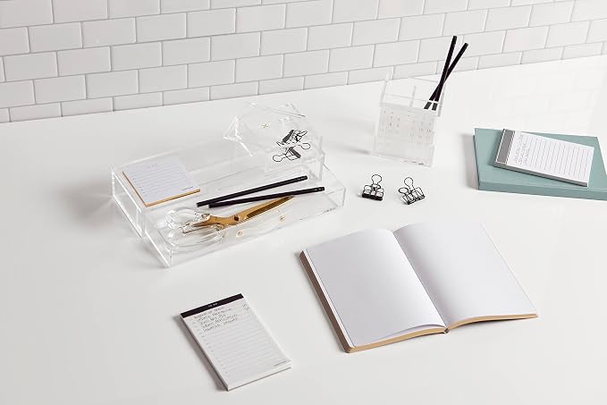 russell+hazel Acrylic Pen & Pencil Holder with Perpetual Calendar, Clear | Keeps pens & pencils handy beside a built-in perpetual calendar. Clear polished-edge acrylic in a stackable design.