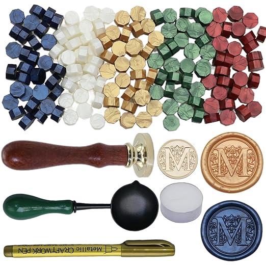 Initial Alphabet Wax Seal Stamp Kit, Retro Letter Sealing Stamp with 150Pcs Sealing Wax Beads Spoon Pen Set for Wedding Invitations Cards Envelopes (M)