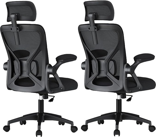 VASAGLE Ergonomic Mesh Office Chairs with Adjustable Lumbar Support and Headrest, 90-105° Tilt Function, Wide Seat, Flip‑Up Armrests, Computer Desk Chairs for Home Office, Set of 2, Ink Black