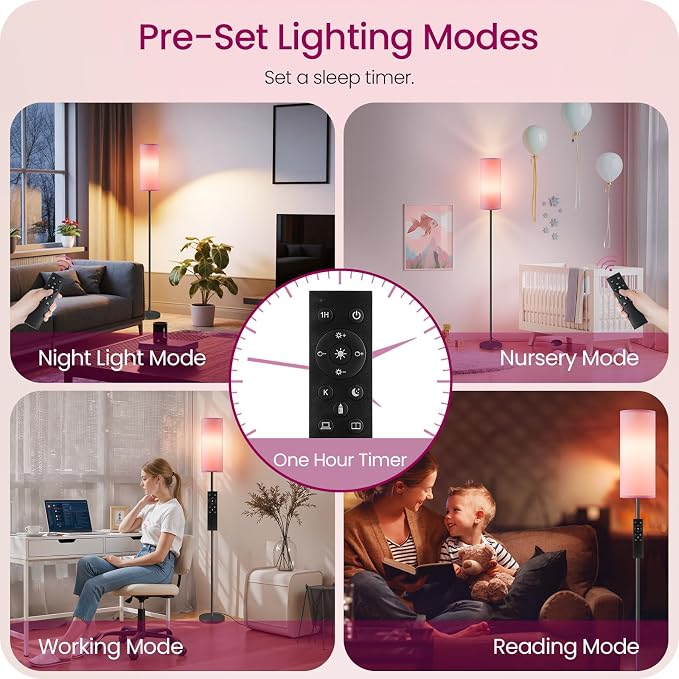 2 Pack Dimmable Pink Floor Lamps for Living Room with 2 Remotes and Foot Switch, Corner Floor Lamp, 64.4'' Standing Tall Lamp, 10W 900LM Bulb Included, 3000K-6500K, Linen Shade, FCC Listed P06LDP205W1