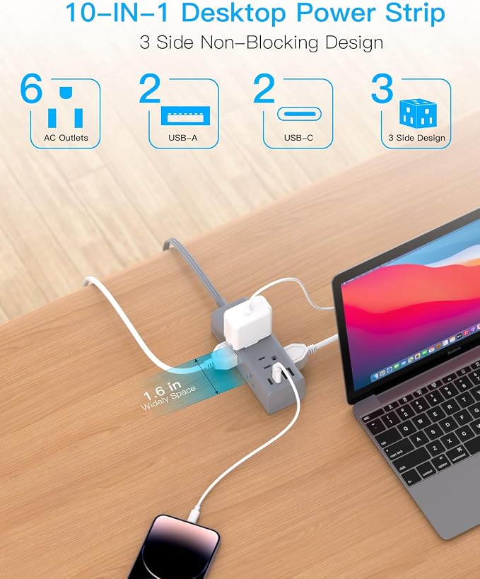 10Ft Extension Cord with Multiple Outlets,Flat Plug Power Strip Surge Protector with 10 Ft Long Cord,6 Outlet 4 USB Ports (2USB C),Multi Outlet Wall Plug for Travel,College,Dorm Essentials-Grey