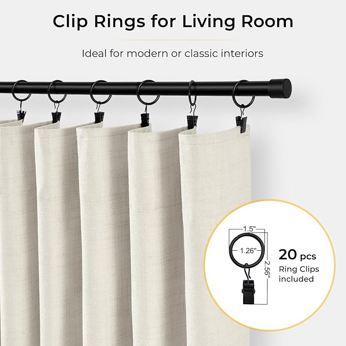 INOVADAY 100% Blackout Curtains for Bedroom, Beige White Black Out Curtains 90 Inch Long, Clip Rings Linen Blackout Drapes, Thermal Insulated Room Darkening for Living Room, 2 Panels - W50xL90