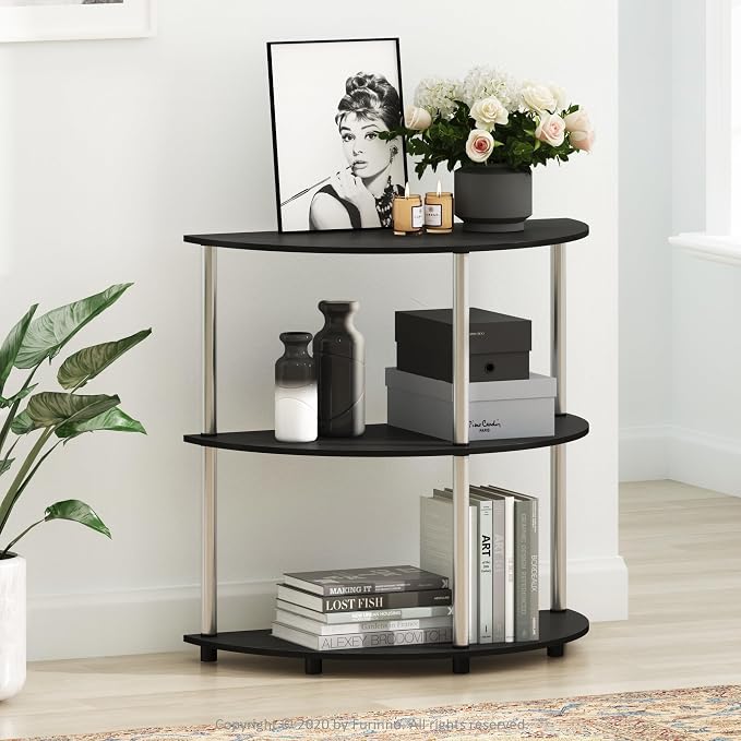 Furinno Frans Turn-N Half Round Console Table with Stainless Steel Tubes, Black Oak 15.6D x 31.1W x 30.8H in | Console Table with Storage Shelf, Narrow Sofa Side, Stainless Steel Tubes, for Living Room, Home Office, Entryway
