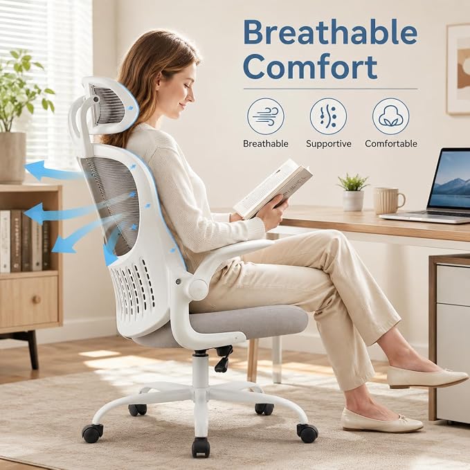 Grey Ergonomic Office Chair, High Back Mesh Desk Chair with Adjustable Headrest Lumbar Support, Computer Chairs with Flip-up Armrests and Thickened Cushion for Adults Home Office, 360° Swivel