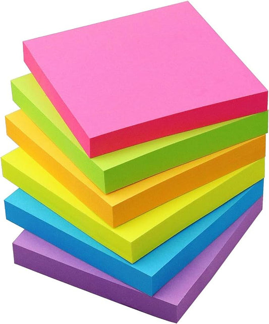 Sticky Notes 3x3 Self-Stick Notes Pads with 6 Bright Colors, Easy to Post for Office, School, Home, 6 Pads/Pack, 100 Sheets/Pad (Standard)