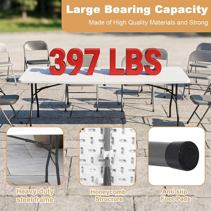 FDW 8FT Plastic Folding Table, Portable with Carrying Handle Perfect for Indoor, Outdoor, Party, Dining, Wedding, Events, Camping, White