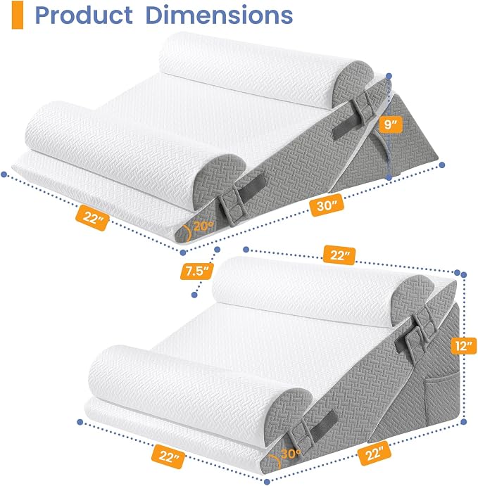 Sasttie Adjustable Wedge Pillow Set for After Surgery, Dark Grey & White | 2PCS Bed Wedge Pillow Headboard with Memory Foam Neck Cushion, for Acid Reflux, Sleeping, Neck & Back Support