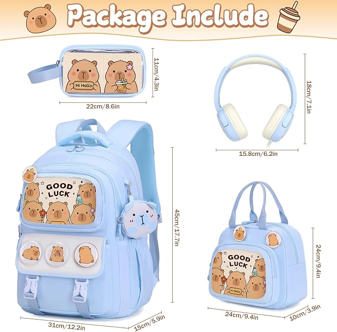 Capybara Backpack for Girls with Headphones - 4PCS Girls Backpack for Kindergarten Elementary Middle High School Travel - 3.5mm Wired Headphones Backpacks Back to School Gift(Blue)