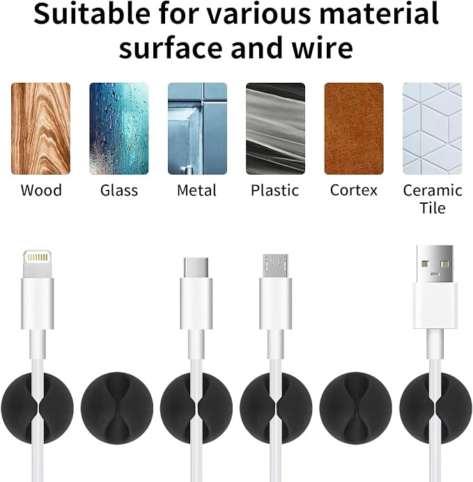 tifanso 6PCS Black Adhesive Cable Clips for Home Office Wire Management | Self-Adhesive, No Drill Easy Install, Ideal for Desk Nightstand & More, Secure Cord Holders, Keep Wires Neat & Organized