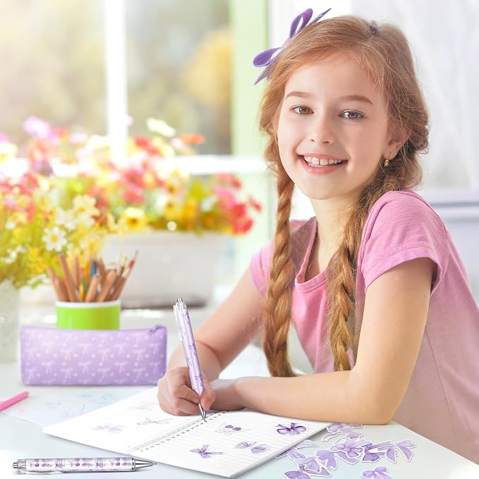 Sayglossy Purple Bow Stationery Gift Coquette School Supplies Set Include Pens Aesthetic Journal Notebook Pencil Case and Stickers Preppy Back to School Supplies for Girl Students