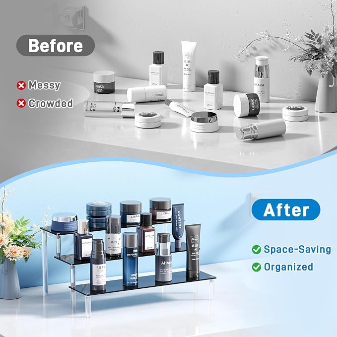 2 Packs Acrylic Display Stand Riser,3 Tier Perfume Organizer Cupcake Stand | Acrylic Pop Shelves Holder,Black Desk Display Shelf for Figure,Trinket,Collectibles,Dessert Stands for Party Decor-11.6in