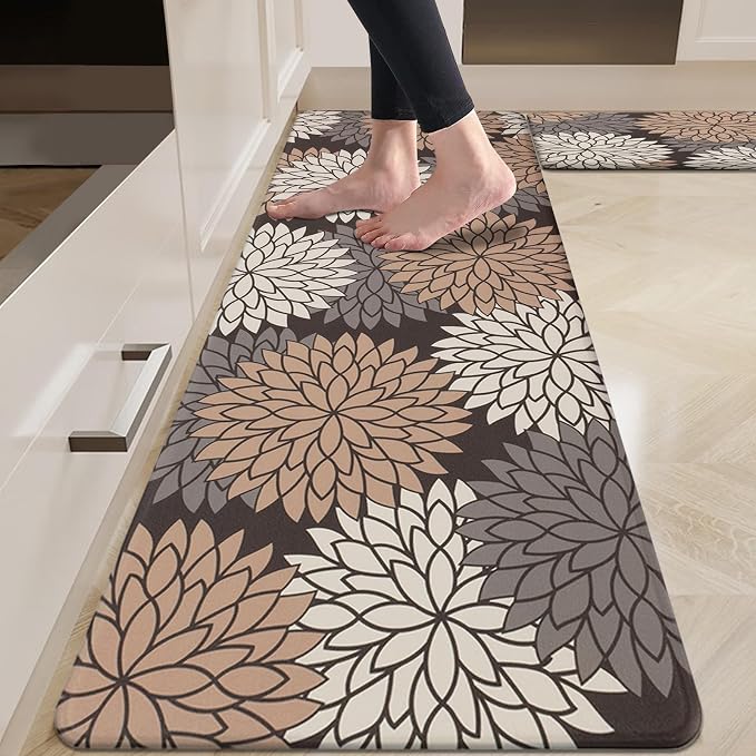 HEBE Anti Fatigue Kitchen Rugs Set of 2, Cushioned Kitchen Mats for Floor | Non Slip Washable Kitchen Runner Rug Set, Floral Stain Resistant Waterproof Comfort Mat Carpet for Sink, Standing Desk